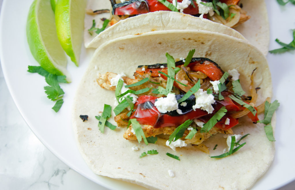 Chicken Tacos with Fire Roasted Red Peppers and Goat Cheese