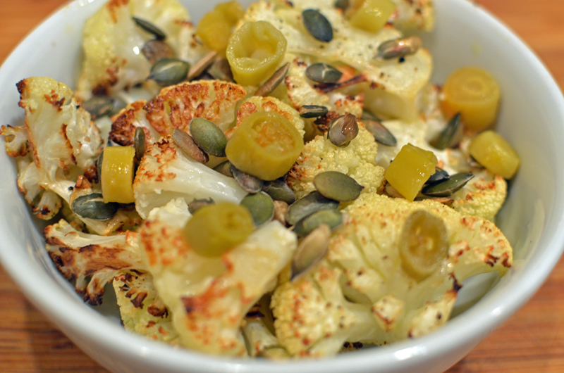 Roasted Cauliflower with Pickled Peppers and Toasted Pumpkin Seeds