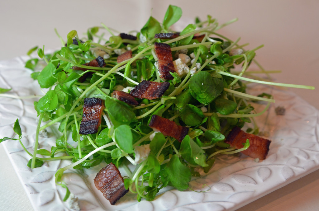 Pea Shoot Salad with Bacon n’ Blue Cheese