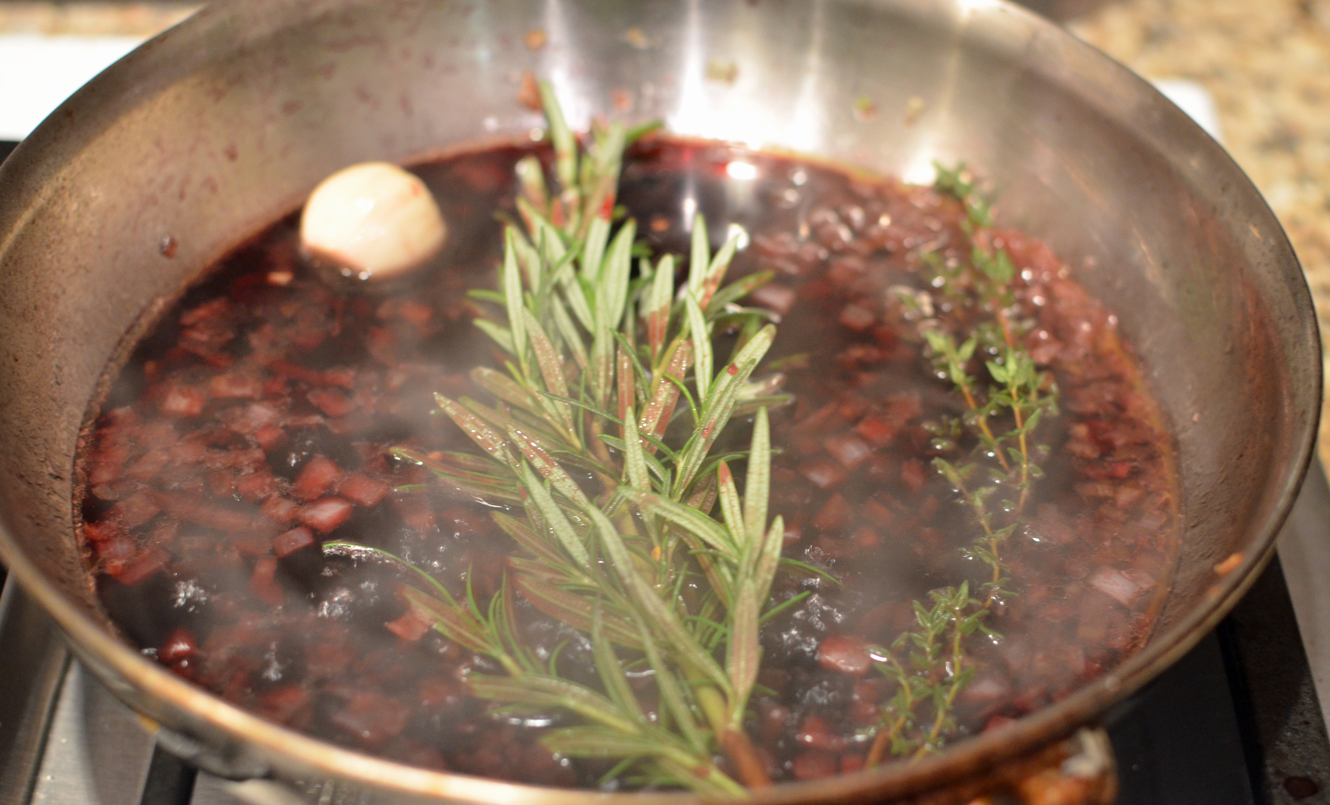 Cooking onions for Rib-eye with Red Wine Onions