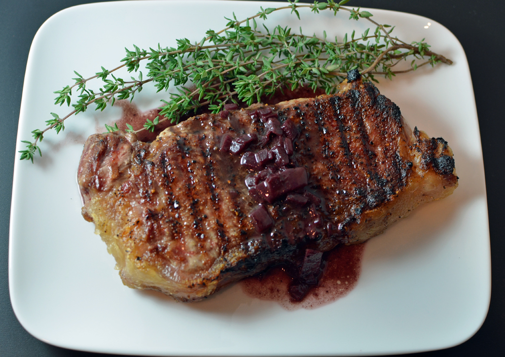 Rib-eye with Red Wine Onions