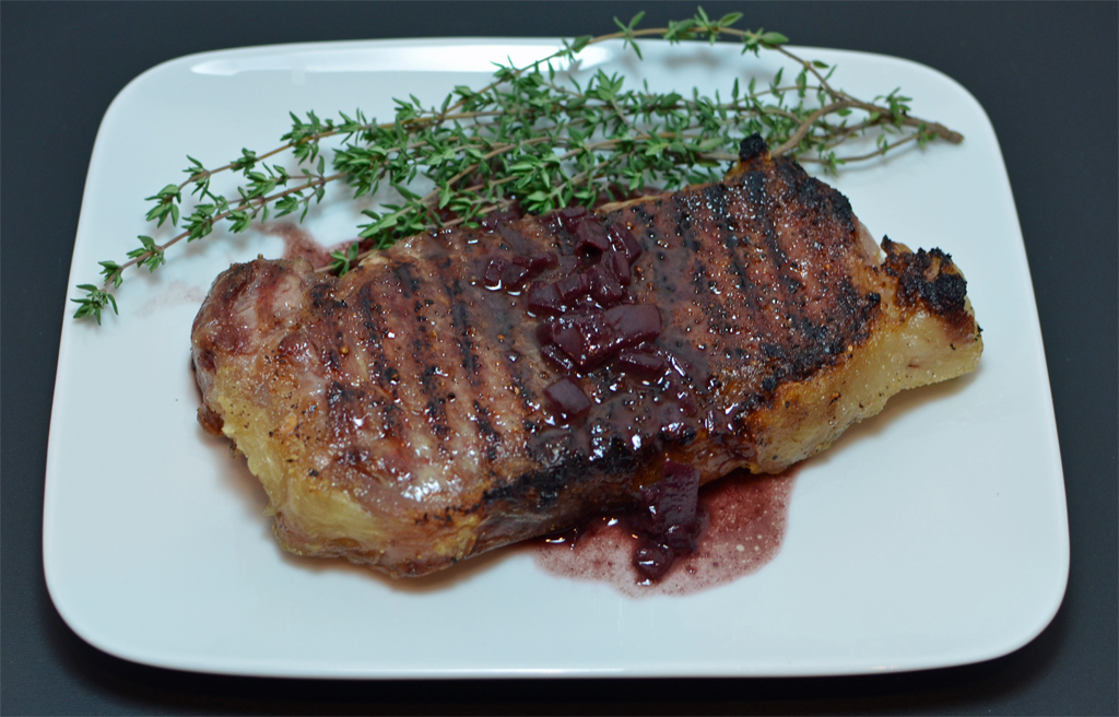 Rib-eye with Red Wine Onions