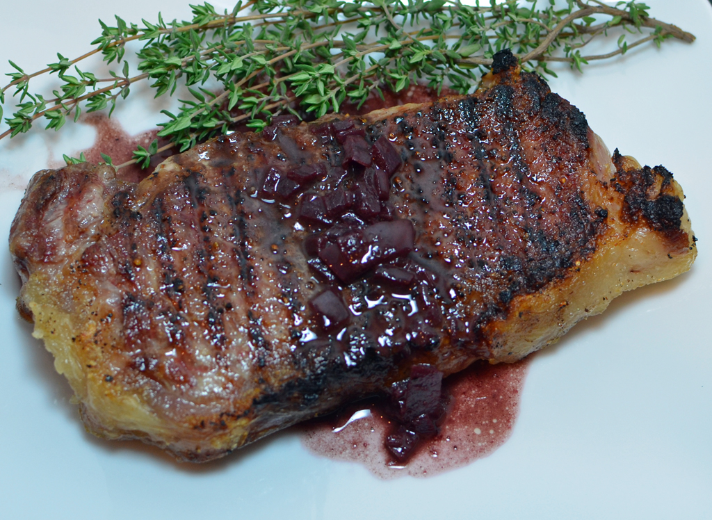 Rib-eye with Red Wine Onions