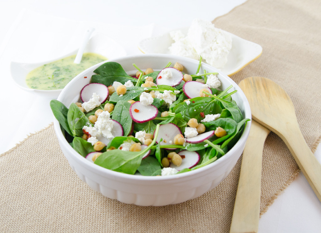Spinach Salad with Spicy Chickpeas, Feta and Herb Dressing