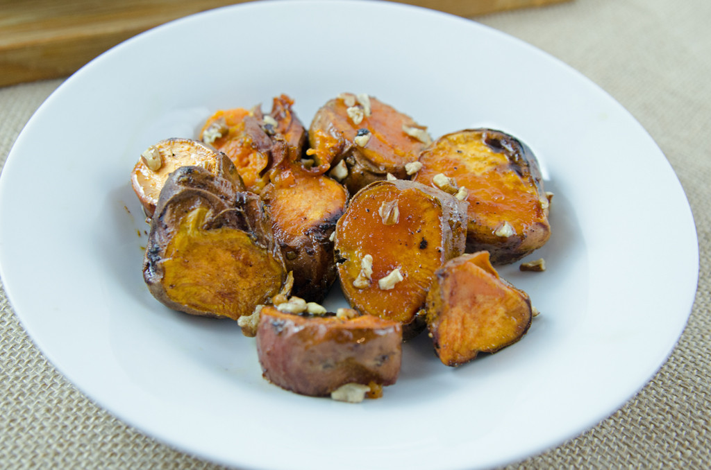 Maple Bacon Glazed Sweet Potatoes with Pecans