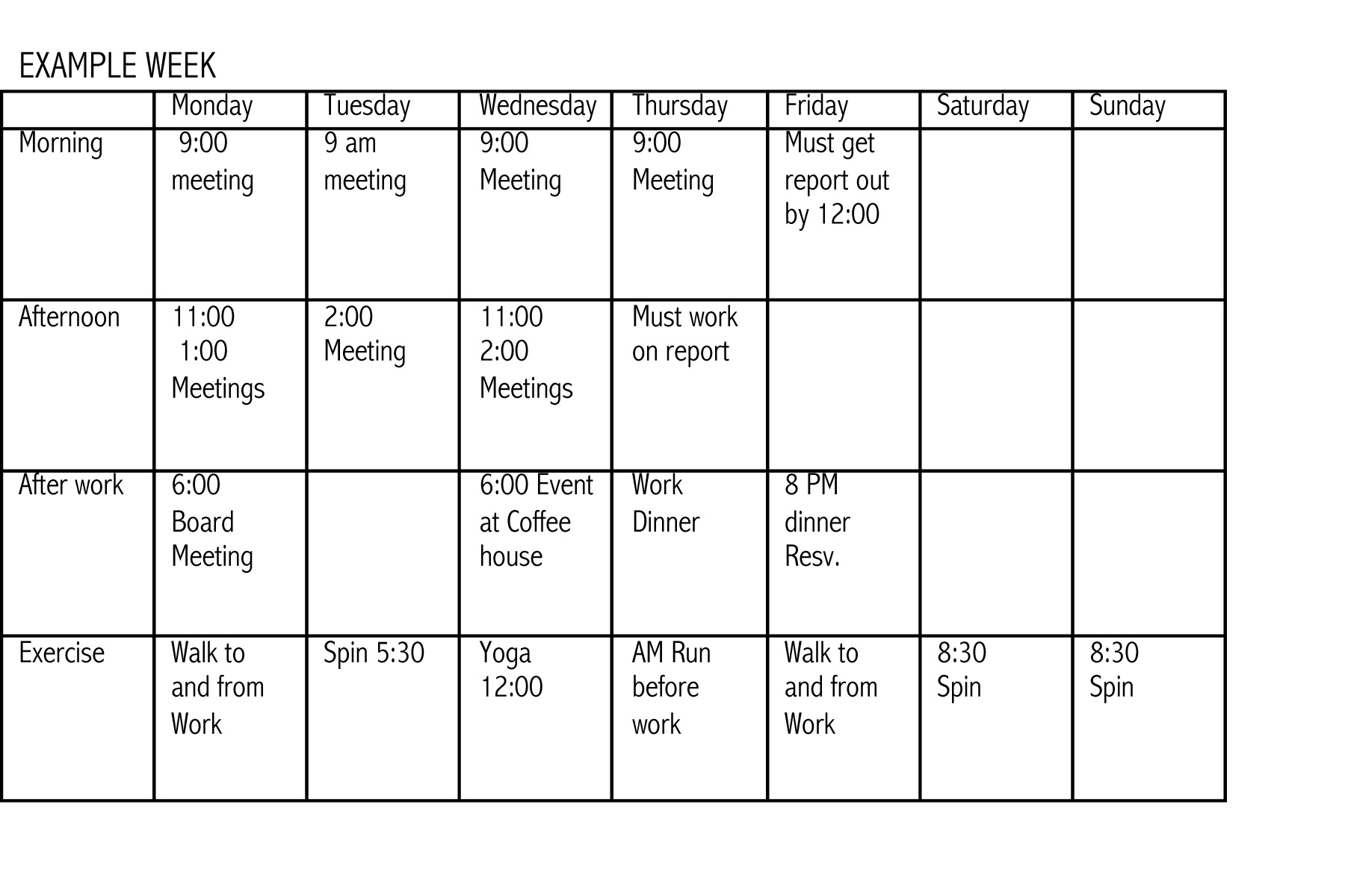Sample Exercise and Work Week