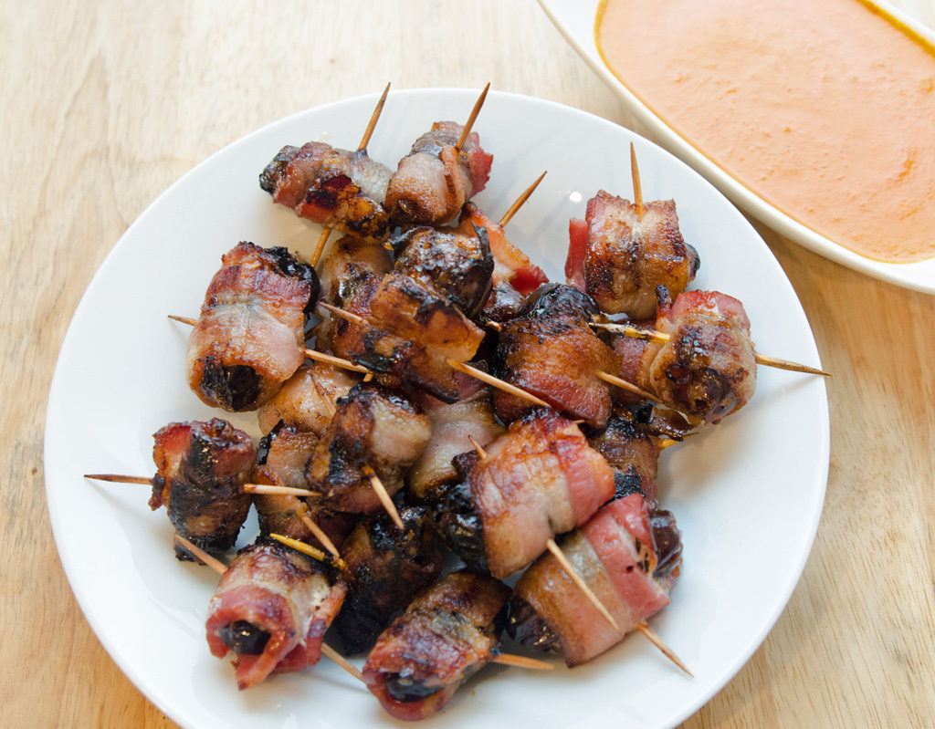 Bacon Wrapped Dates with Red Pepper Sauce