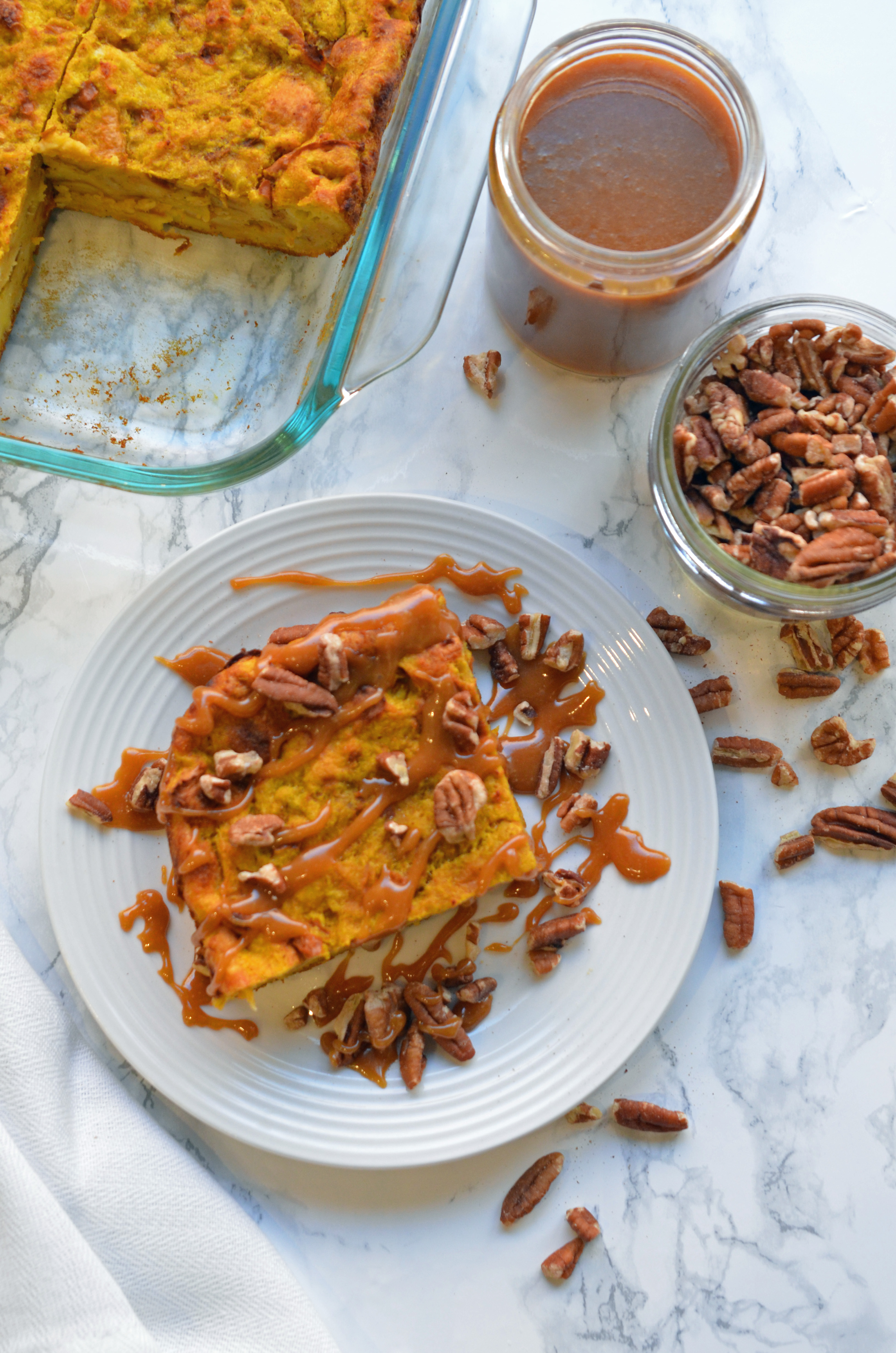 Caramel and Pecans on Pumpkin Bread Pudding