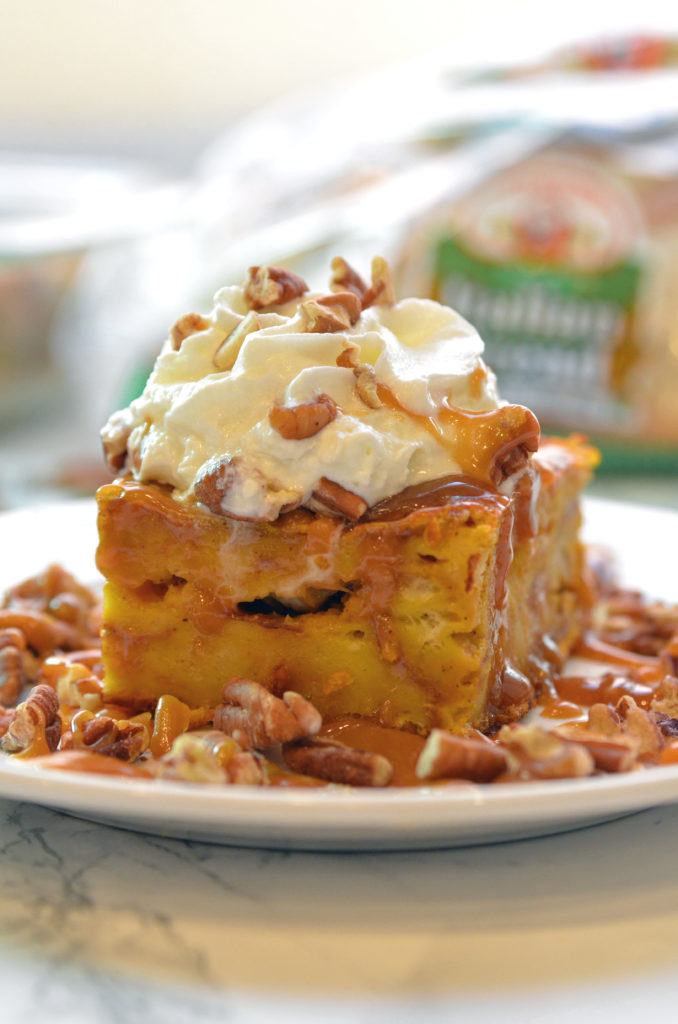 Pumpkin Bread Pudding with Toasted Pecans and Salted Caramel Sauce